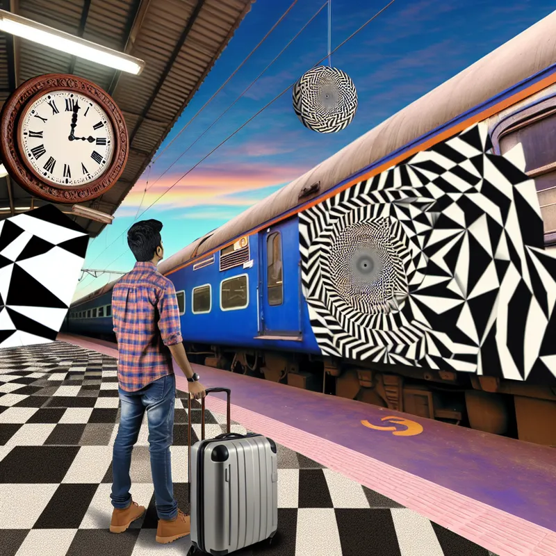 Een persoon met een koffer op een treinstation, kijkend naar een surrealistische klok die drie uur aan geeft, met een trein in de achtergrond die geometrische ontwerpen heeft.