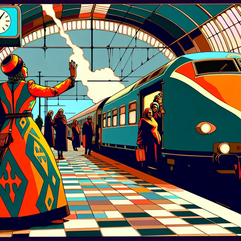 Vrouw in felgekleurde jurk zwaait enthousiast naar vertrekkende stoomtrein op retro treinstation met het woord 'dag'