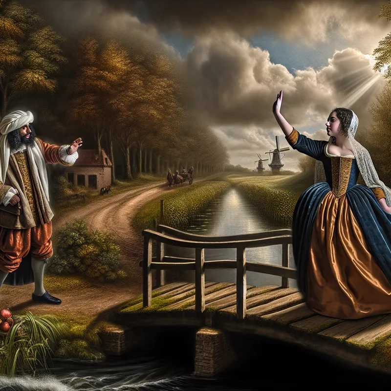 Twee elegante figuren nemen afscheid bij een houten brug over een rustig kanaal in een 17e-eeuws Nederlands landschap, met de tekst 'Tot ziens, fijne dag nog!'