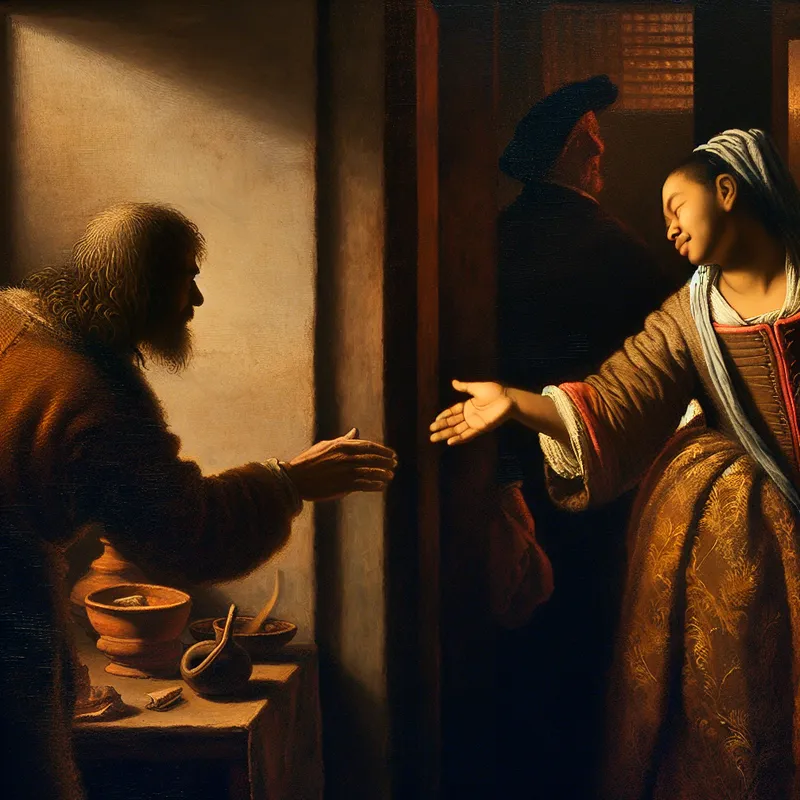 Twee mensen nemen afscheid in een warm verlichte kamer met dramatische schaduwen, een hand wordt uitgestoken bij het zeggen van 'Dag! Ik zie je morgen weer'