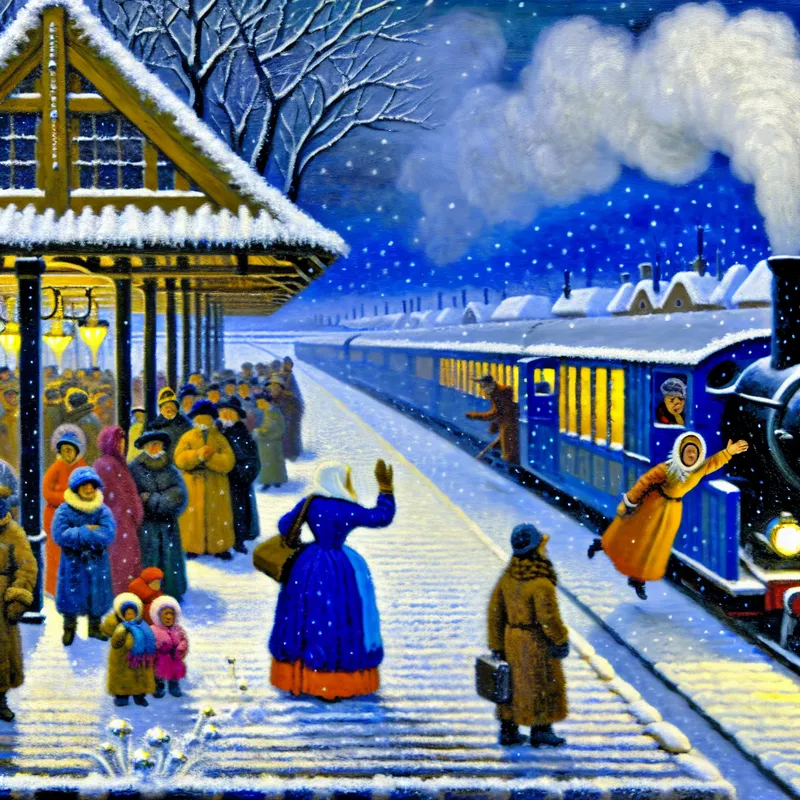 Vrouw zwaait afscheid bij vertrekkende stoomtrein in levendige winterse treinstation-scène in de stijl van Hendrick Avercamp