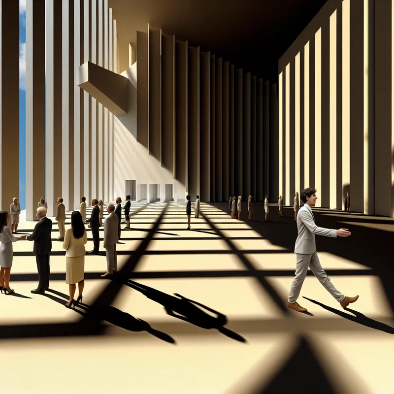 Een hyper-realistische afbeelding van een zakelijke bijeenkomst in een monumentale ruimte met mensen die elkaar de hand schudden en een serene vertrekkende persoon.