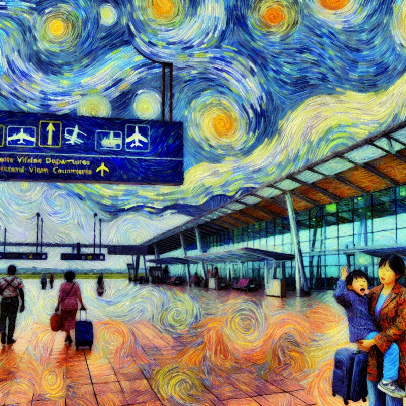 Moeder en kind nemen afscheid bij de vertrekhal van een drukke luchthaven in Van Gogh-stijl met levendige kleuren en dynamische penseelstreken