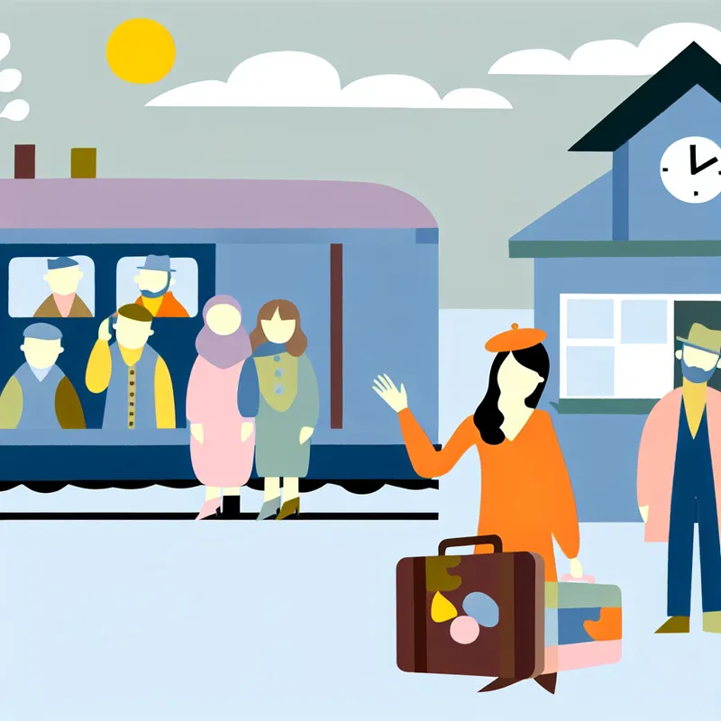 Een minimalistische illustratie van een jongedame die afscheid neemt van vrienden op een treinperron met eenvoudige vormen en felle kleuren.