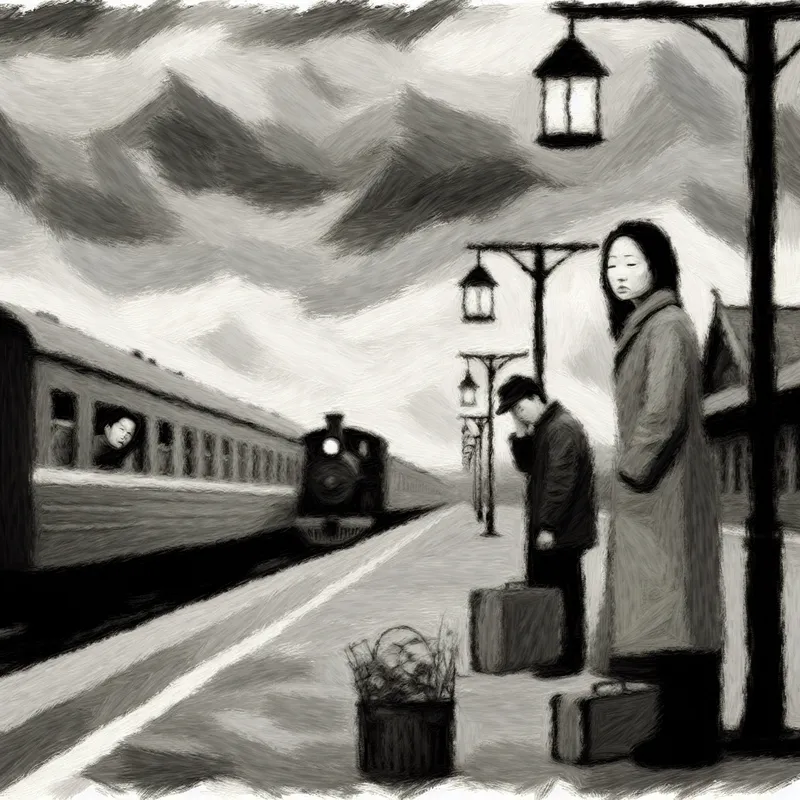 Een emotionele afscheidsafbeelding op een treinstation, met twee personen in een sombere stemming, omgeven door grijstinten en donkere blauwen. De ene kijkt verlangend terug, terwijl de ander naar beneden kijkt.