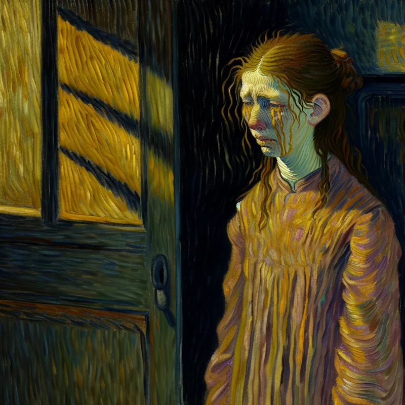 Jongeman met een verdrietige uitdrukking, staande in een slecht verlichte kamer met tranen op haar wangen