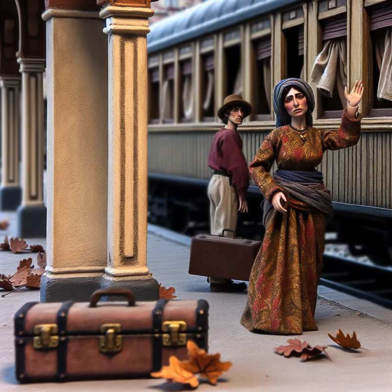 Twee vrienden op een treinstation, afscheid nemend met een uitdrukking van verdriet en vreugde, met een vertrekkende trein op de achtergrond.