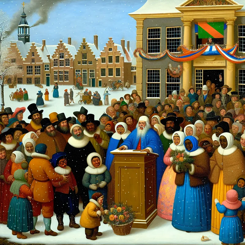 Een levendig wintertafereel van een afscheidsceremonie met diverse mensen rond een houten podium met bloemen.