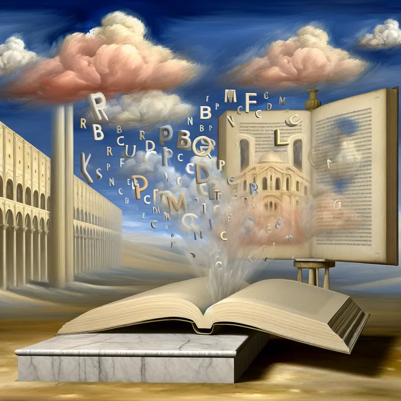 Een hyper-realistiscene met een open boek op een marmeren pedestal, waarbij woorden en letters uit de pagina's omhoog zweven in een surrealistische omgeving.