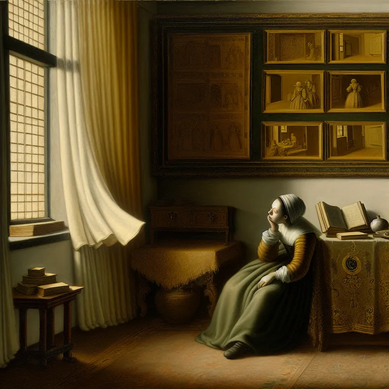 Een jonge vrouw zit nadenkend in een elegant ingerichte kamer, terwijl ze naar buiten kijkt.