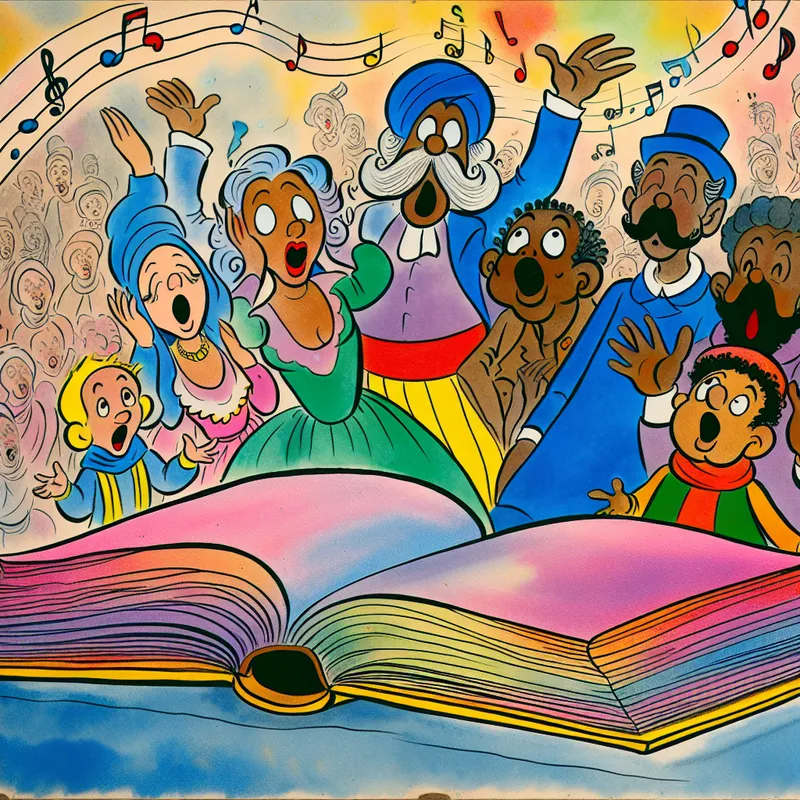 Een kleurrijk cartoonbeeld van een open boek op een tafel met verbaasde karakterfiguren die het laatste hoofdstuk lezen, omgeven door muzieknoten.