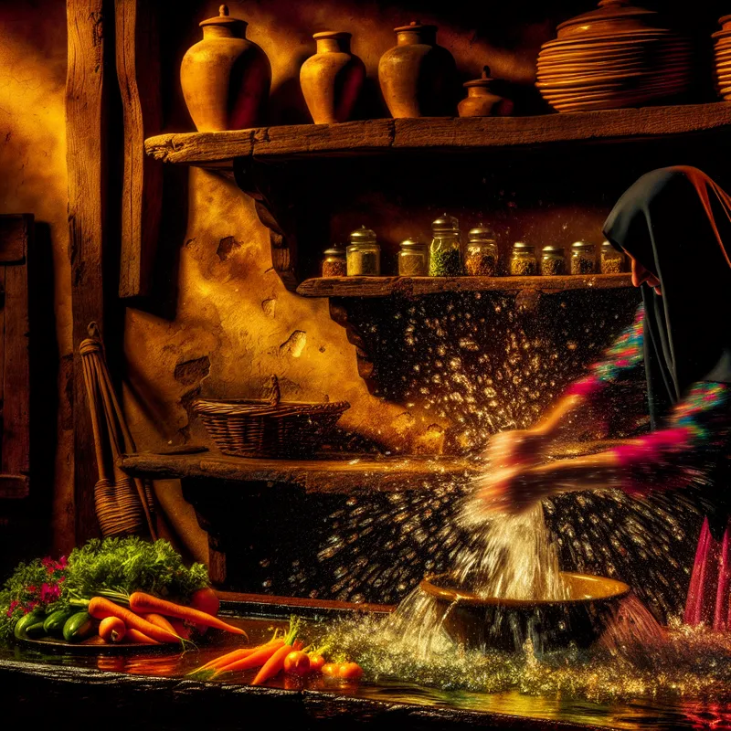 Persoon die verse groenten afspoelt onder helder water in een warme, klassieke keuken