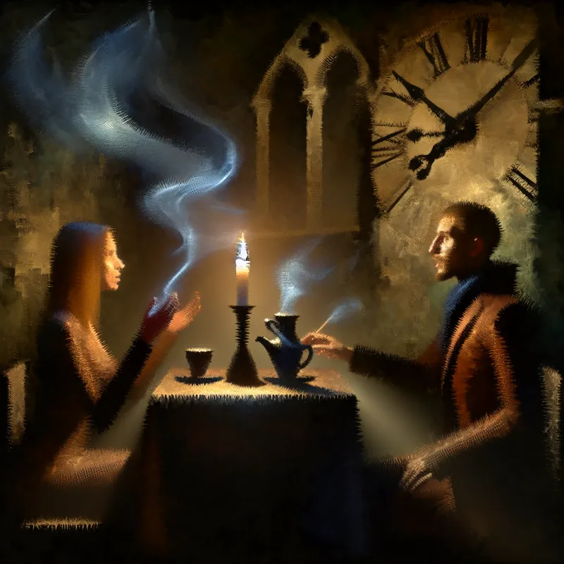 Twee figuren in een donker café, zittend aan een tafel met een brandende kaars, terwijl ze een gesprek voeren met dampende koffiekoppen.