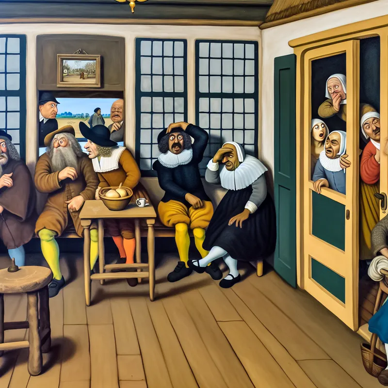 Een levendige en humoristische scène van mensen in een traditionele Nederlandse vergaderkamer die teleurgesteld en gefrustreerd zijn omdat de afgesproken persoon niet is gekomen.