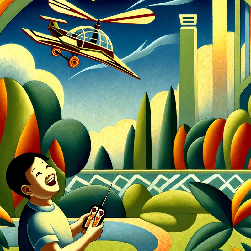 Jongen vliegt met een kleurrijk afstandsbestuurd speelgoedhelikopter in een retrofuturistische tuin