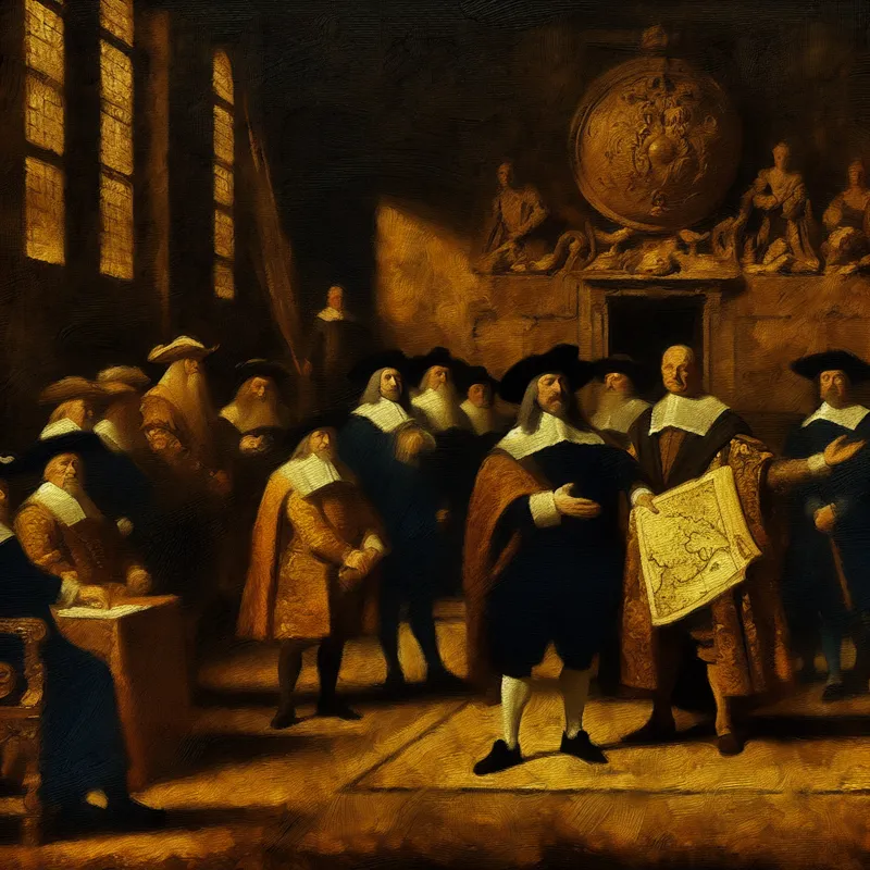 Grote groep 17e-eeuwse diplomaten en functionarissen in een donkere zaal, voorbereidend op een belangrijke missie naar het buitenland, met een centrale figuur die naar een kaart wijst