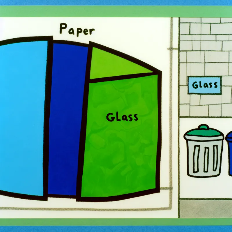 Speelse illustratie van een groot stuk papier dat in drie secties wordt gesplitst: papier (blauw), glas (groen) en restafval (grijs).