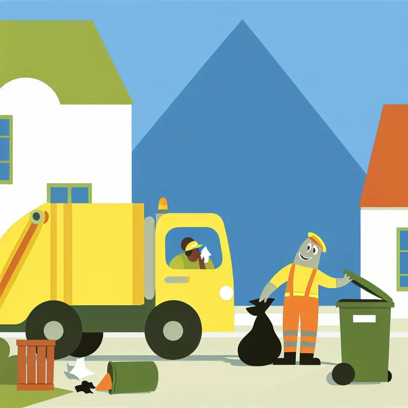 Vrolijke vuilniswagen met twee medewerkers die een volle afvalzak inladen op een rustige straat