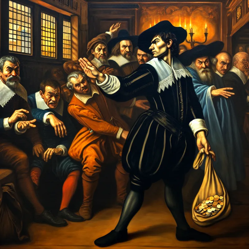 Dramatische 17e-eeuwse Hollandse scène van een afvallige man die zijn principes verloochent voor geld, geschilderd in de levendige stijl van Frans Hals