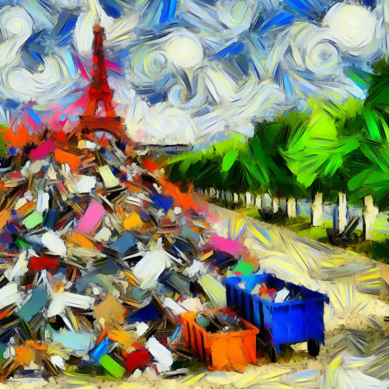 Abstract schilderij van een stedelijk park met een waterval van afval die naar beneden valt in een onderhoudsgebied, in de stijl van Willem de Kooning.