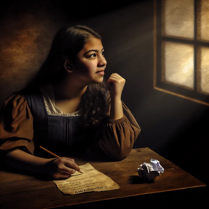 Jonge persoon zit aan tafel en kijkt zenuwachtig naar het raam terwijl er een lijst met ideeën op de tafel ligt.