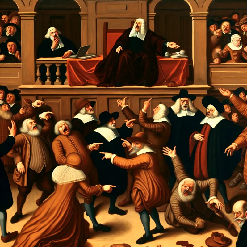 17e-eeuwse Nederlandse rechtszaal met chaotische scène door afwezigheid van bewijs, in de stijl van Jan Steen