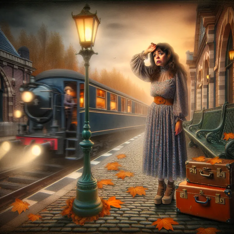 Jonge vrouw op het treinstation met een bezorgde uitdrukking terwijl een trein vertrekt, omringd door vintage koffers.