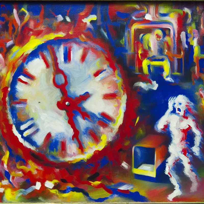 Abstract schilderij van een gefrustreerde persoon die wegloopt van een lege klok zonder wijzers, symbool voor afwezigheid van tijd