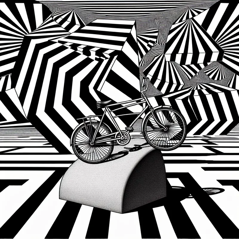 Surrealistische Escher-achtige voorstelling van een fiets die afwijkt van zijn rechte koers door schuin over een scherpe steen te rijden, met optische illusies en geometrische patronen op de achtergrond