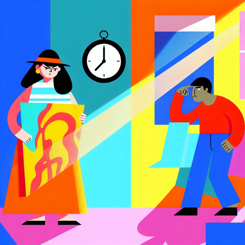 Twee personages in een kleurige, minimalistische kamer, één met een grote kaart die verward is en naar de kaart wijst, de ander kijkt afgeleid naar een klok.