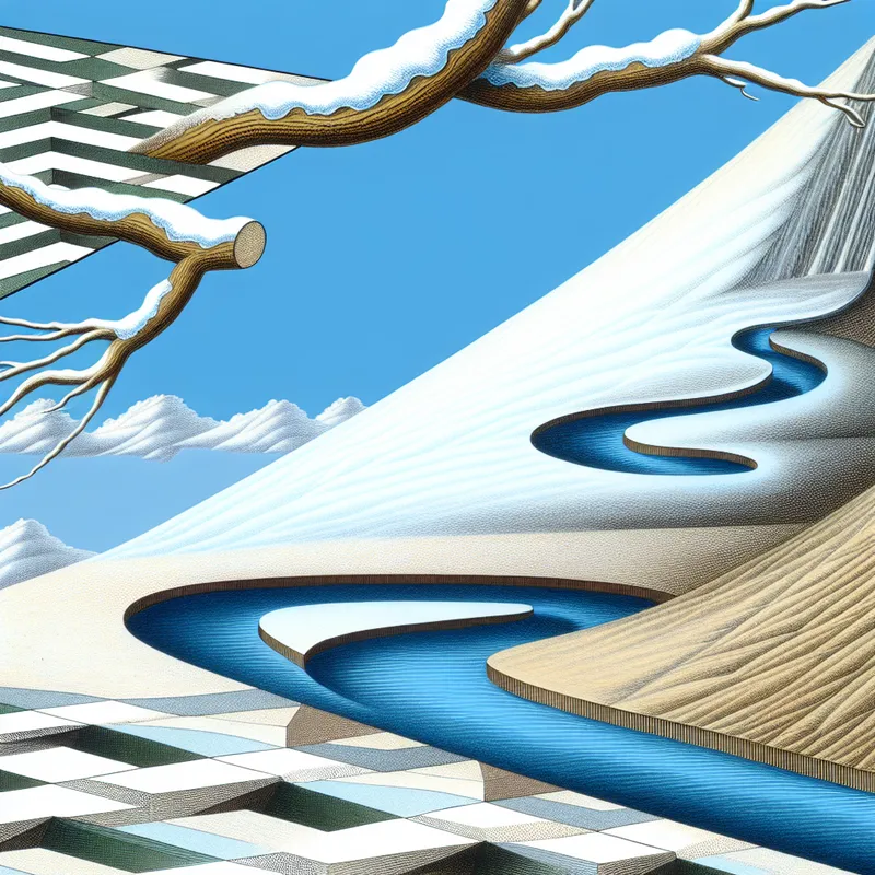 Surrealistisch landschap met een rivier die om een steile heuvel kronkelt, onderbroken door een sneeuwbedekte tak. De afbeelding toont een optische illusie van een onmogelijk pad en benadrukt het concept van afwijking van een rechte lijn.