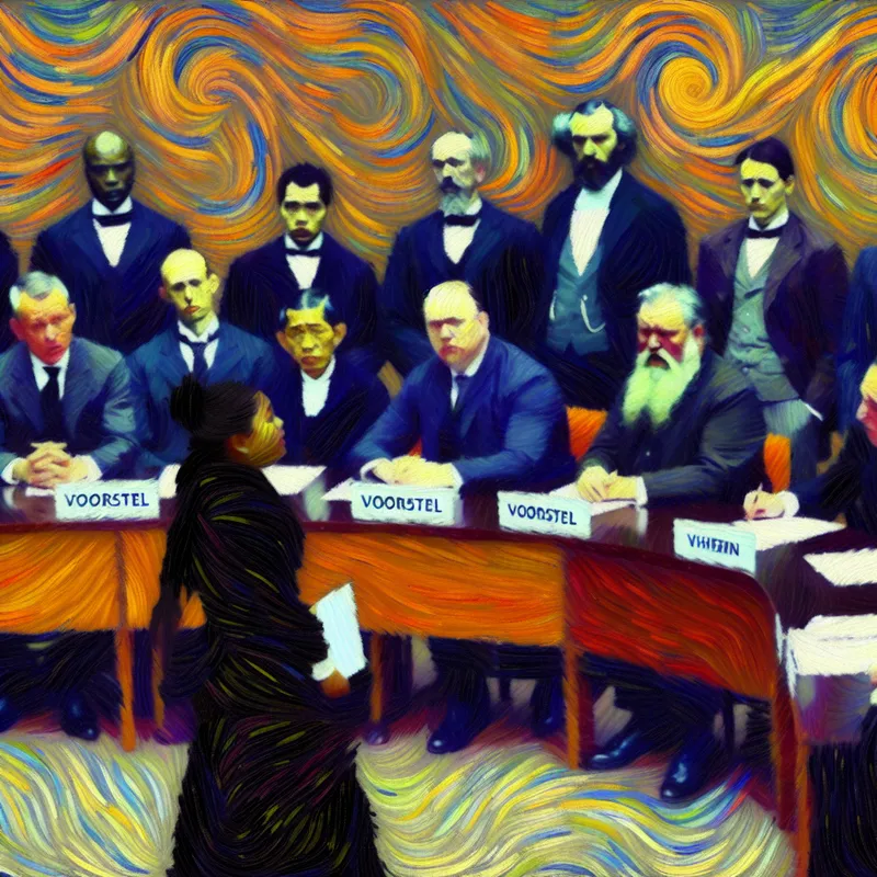 Illustratie van een formele vergadering waar een voorstel wordt afgewezen, geschilderd in de expressieve stijl van Vincent van Gogh met dikke, wervelende penseelstreken en levendige kleuren