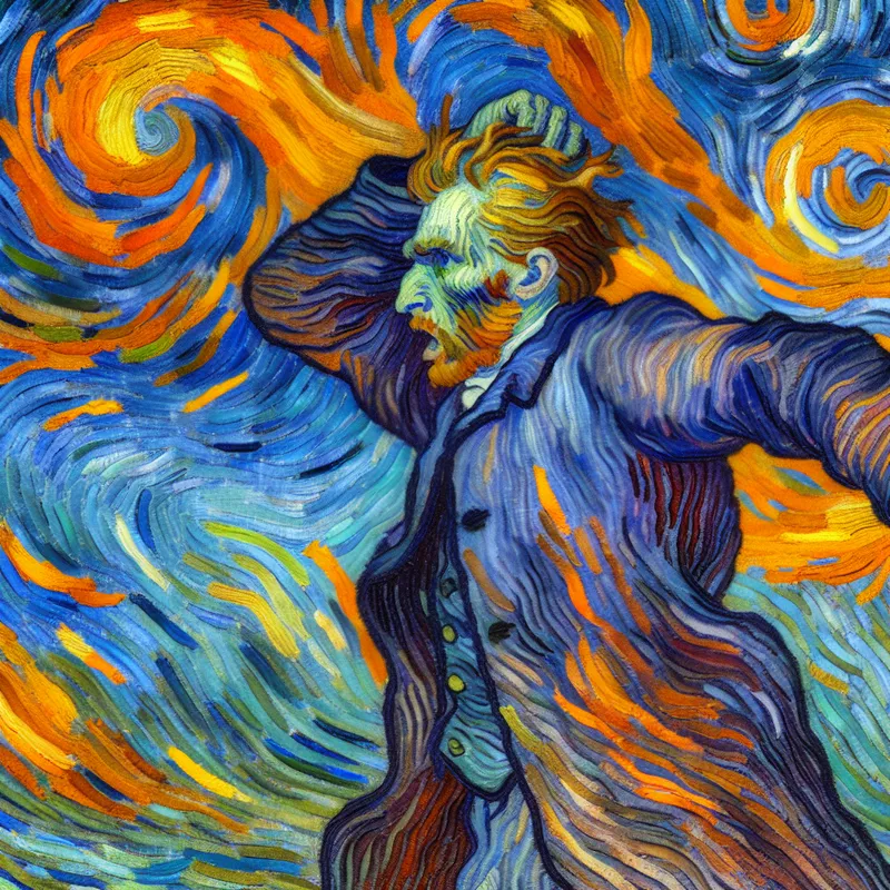 Dramatische illustratie van een boos persoon die iemand wegstuurt met een afwijzend gebaar, geschilderd in de expressieve stijl van Vincent van Gogh