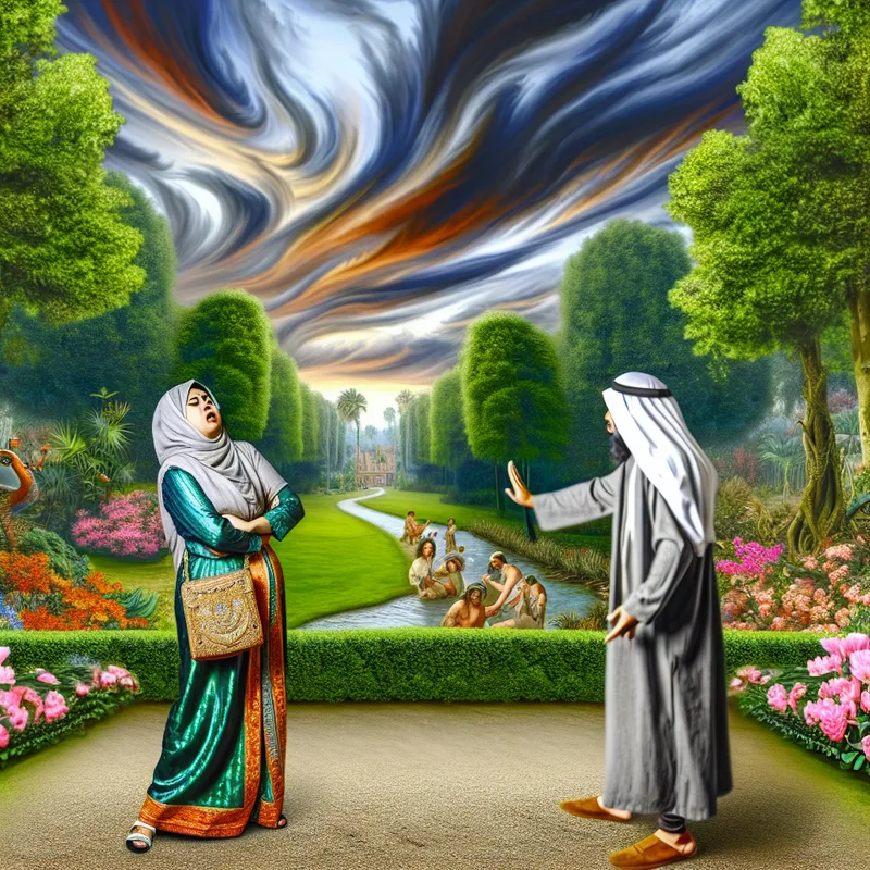 Een vrouw in een park die met haar armen over elkaar staat en nee schudt tegen een man die haar uitnodigt om een pad te bewandelen, terwijl dramatische wolken een intens landschap creëren.