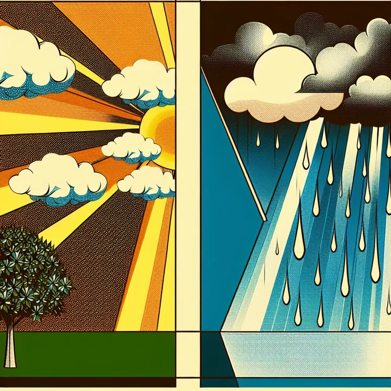 Retro-futuristische illustratie van afwisselend weer met zonnige en stormachtige helften, symboliserend het concept 'afwisselend' voor taalonderwijs