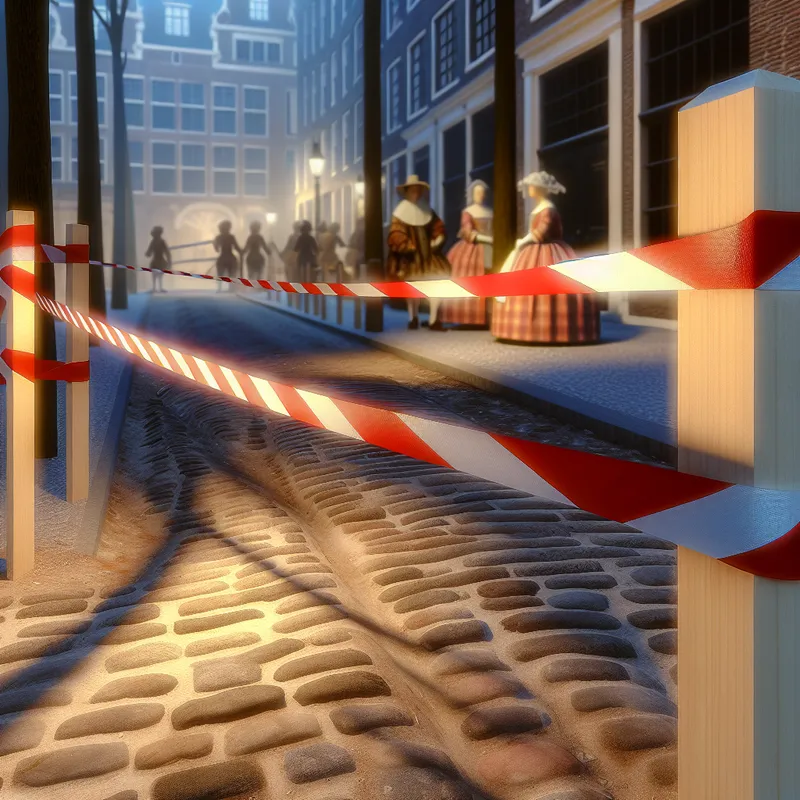Historische straathoek met rode-en-witte afzetlinten rond een bouwplaats, stijl van Vermeer