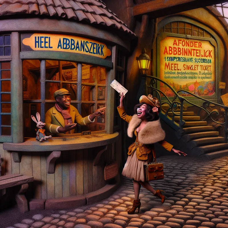 Vrolijke persoon koopt een afzonderlijk treinkaartje bij een nostalgische treinkaartjesloket in een sprookjesachtige setting