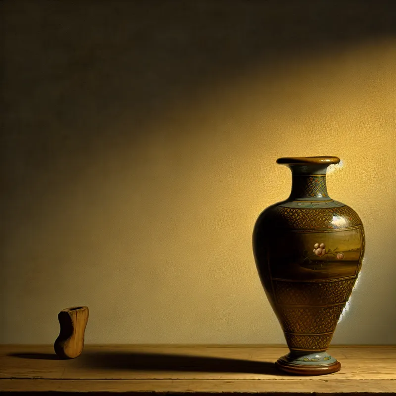 Een prachtig, gedetailleerd vaasje dat alleen op een houten tafel staat, tegen een zacht verlichte muur.