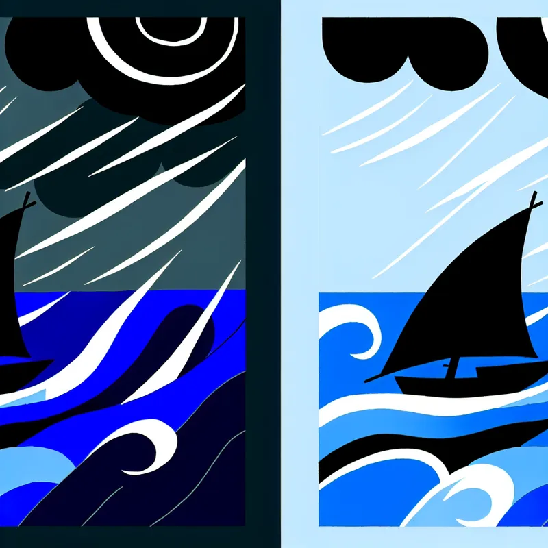Minimalistische illustratie van een zeilboot in ruw weer dat afzwakt, met donkere golven en wind die overgaat in kalmere omstandigheden