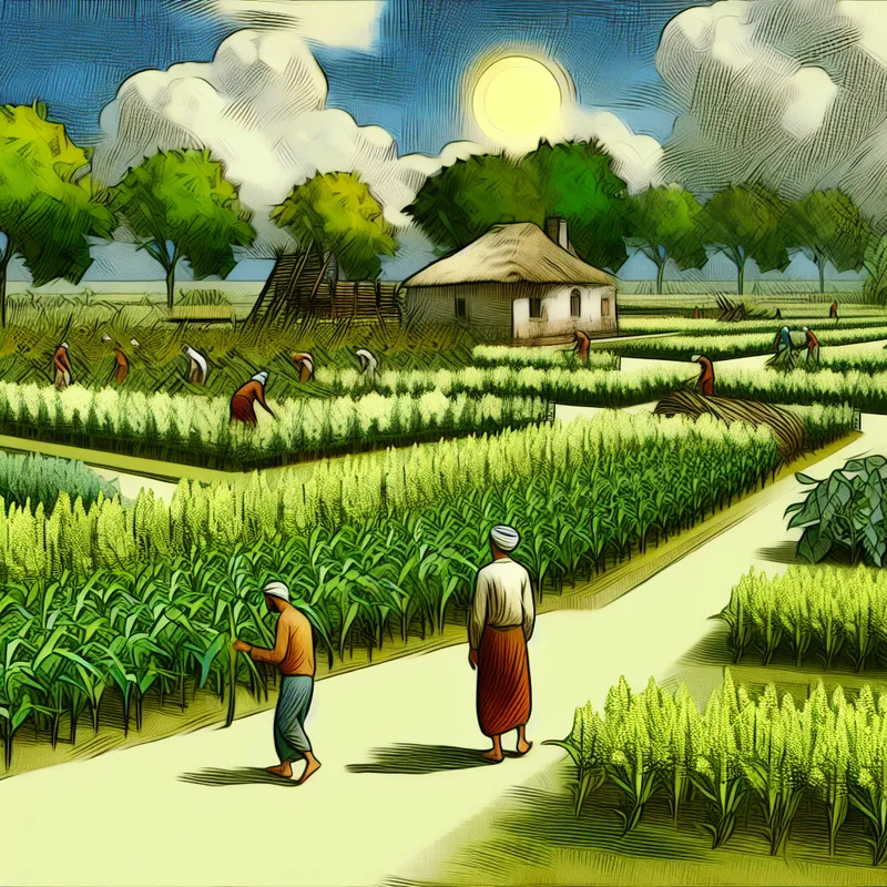 Een boer verzorgt zijn gewassen in een weelderig, agrarisch landschap met een vintage boerderij op de achtergrond.