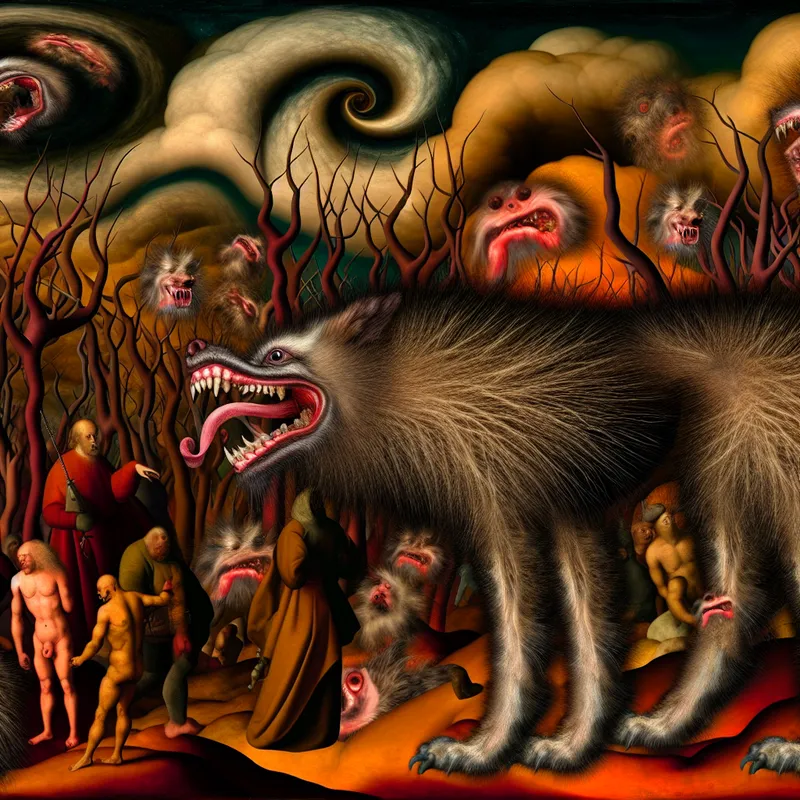 A menacing dog with bared teeth showcasing signs of rabies in a dark and twisted landscape, embodying aggression and disease.