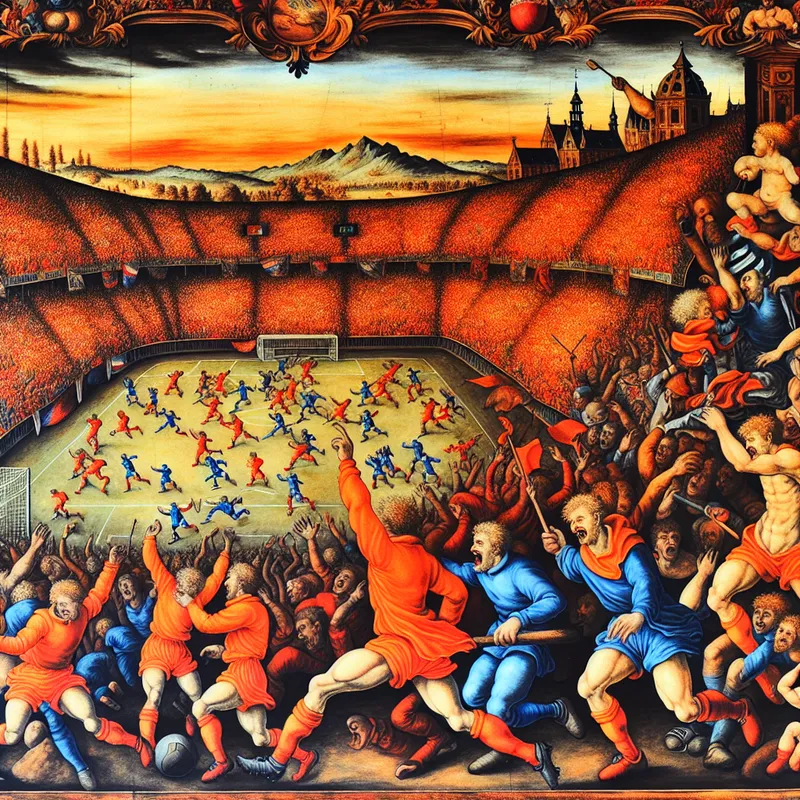 Illustratie van een volle stadion met fans in Ajax Amsterdam shirts, hun enthousiasme uitstralend tijdens een spannende voetbalwedstrijd tegen PSV.