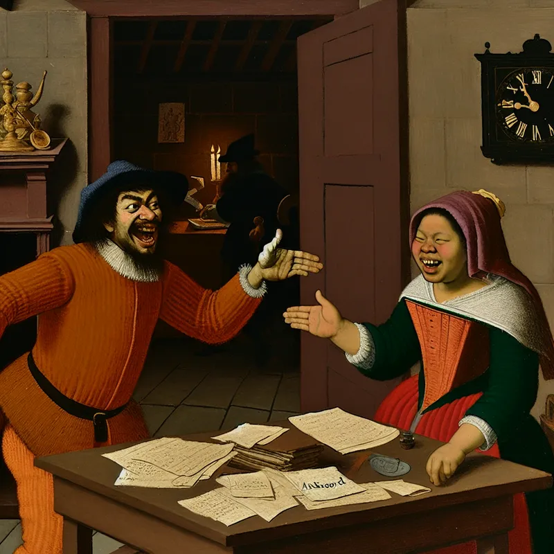 17e-eeuws Hollands interieur met twee mensen die instemmend 'akkoord' gesticuleren, in de stijl van Jan Steen
