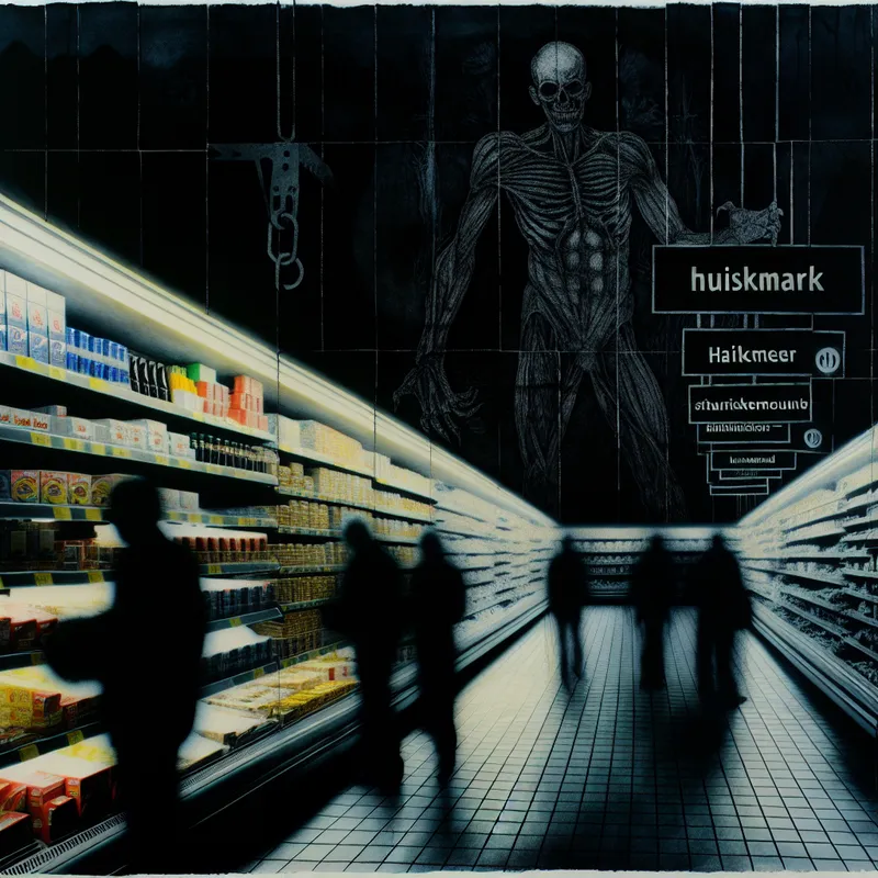 Symbolische voorstelling van een Albert Heijn supermarkt als corporate retailketen, met schaduwrijke klanten en torenhoge schappen vol huismerkproducten en prijskaartjes als kettingen