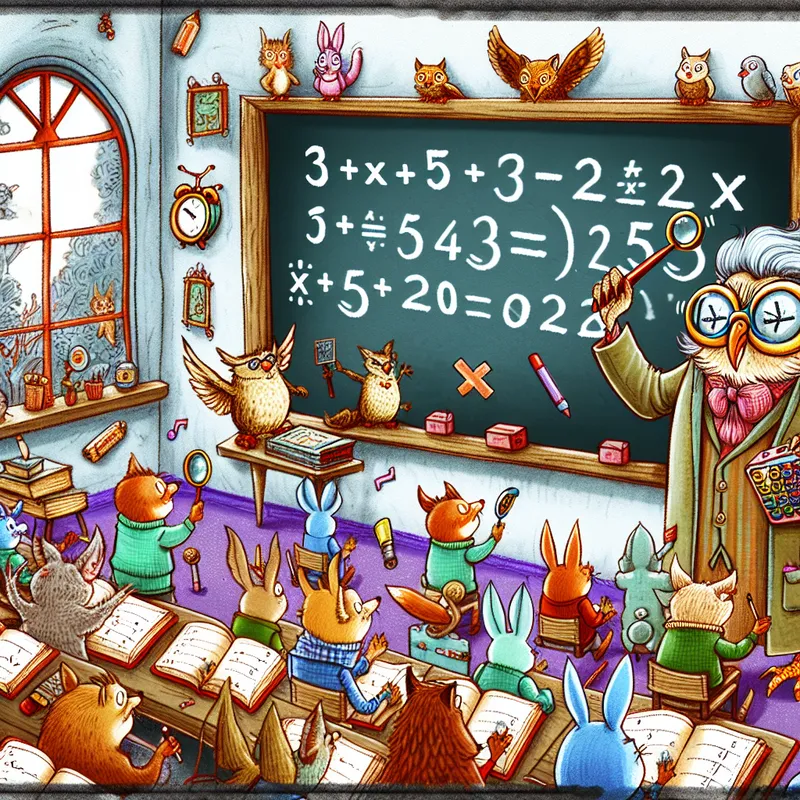 Karikatuur van een levendige klas met dieren die algebra leren, waarbij een uil-docent een vergelijking zoals '3x + 5 = 20' uitlegt met een vergrootglas op het gelijkheidsteken