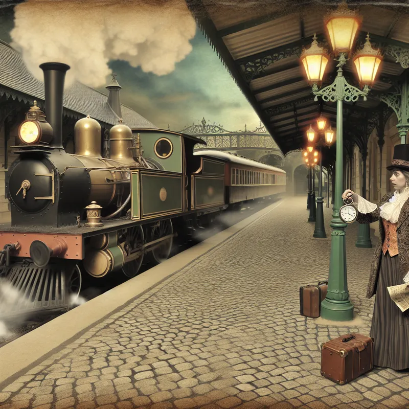 Ouderwetse treinstation-scène met een anonieme figuur in 19e-eeuwse kleding die bezorgd op een zakhorloge kijkt, symboliserend voor te laat komen en het missen van de trein