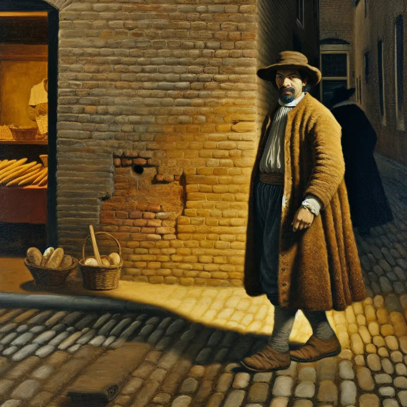 17e-eeuwse olieverfschilderij van een gewone man in alledaagse kleding die door een Amsterdamse straat loopt, Rembrandt-stijl