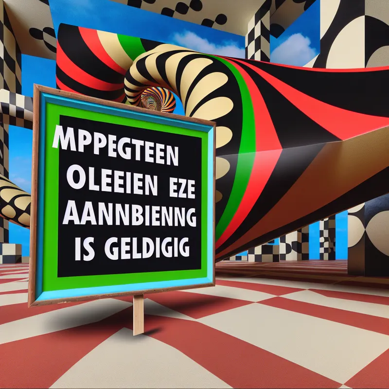Een surrealistische geometrische afbeelding met een groot bord waarop staat 'Alleen Deze Aanbieding Is Geldig', omringd door een onmogelijke trap en complexe patronen.