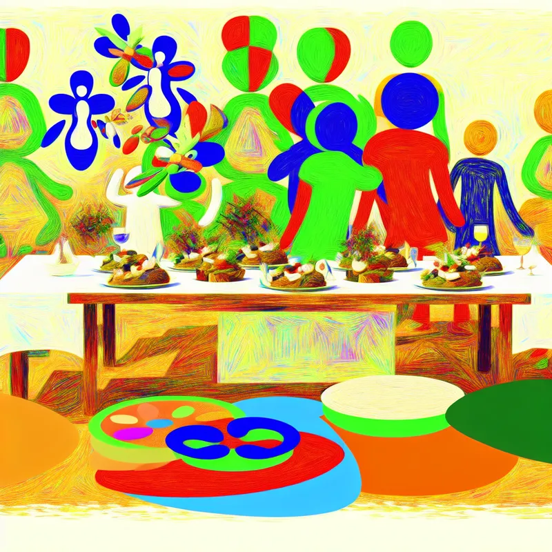 Kleurrijke abstracte illustratie van een allergenenvrije feesttafel vol met gezonde gerechten, omringd door vrolijke cartoonachtige allergenen die wegzweven.