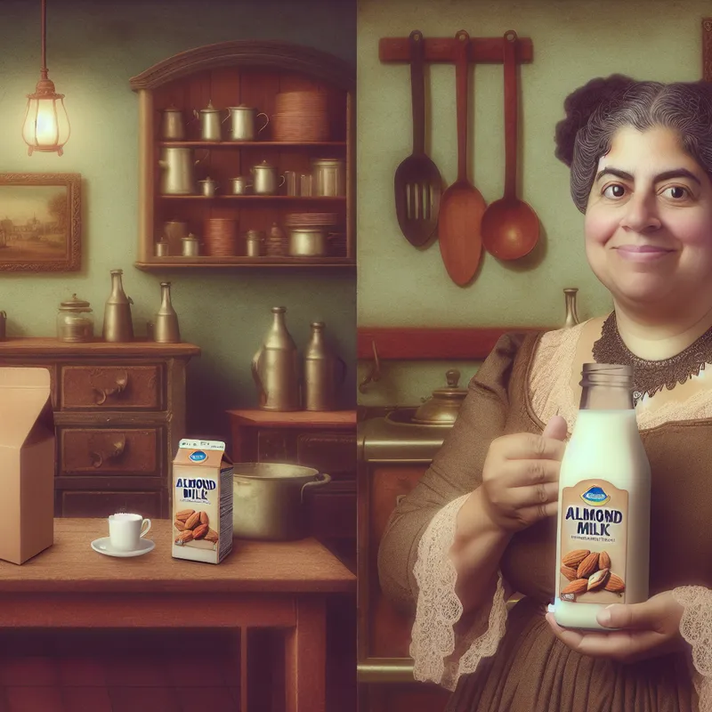 Persoon houdt fles amandelmelk vast in een nostalgische keuken met een pak gewone melk op het aanrecht, ter illustratie van vervanging
